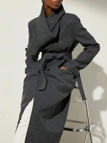 Aveloria Modichic Women's Autumn Overcoat With Detachable Scarf, Waist Design - Grey - View 3