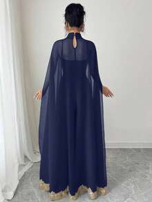 Chiquease 女士优雅亮片缎带装饰连体裤，适合大学派对穿着 - 藏蓝色 - 查看 2