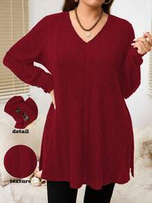 EMERY ROSE Plus Size Casual Solid Color Side Slit T-Shirt, Autumn Fall - Red - View 1