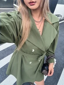 SHEIN EZwear Áo gió thường ngày cổ trễ vai màu trơn cỡ lớn cho nữ tay dài cài hai hàng khuy - xanh quân đội - Xem 6