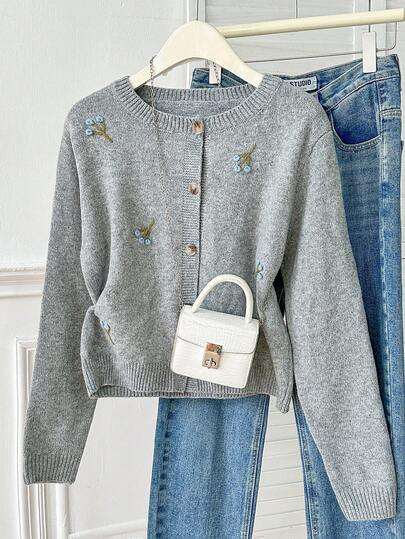 Modelyn 女士休闲宽松刺绣开衫，长袖，圆领，秋季