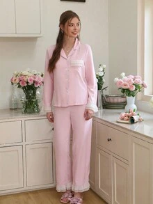 Women's Pink Bubble Chiffon Ruffle Trim Colorblock Lapel Long Sleeve Pajama Set, Fall Clothes - Blue - View 4
