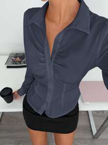 Siren Gaze Áo sơ mi dài tay xếp ly màu trơn dành cho nữ - Màu xám đen - Xem 5