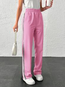EURMUSE Women's Streetwear Leopard&White Shell Fabric Side Tape Wide Leg Sweatpants Going Out Sets Fleece - Pink - View 4