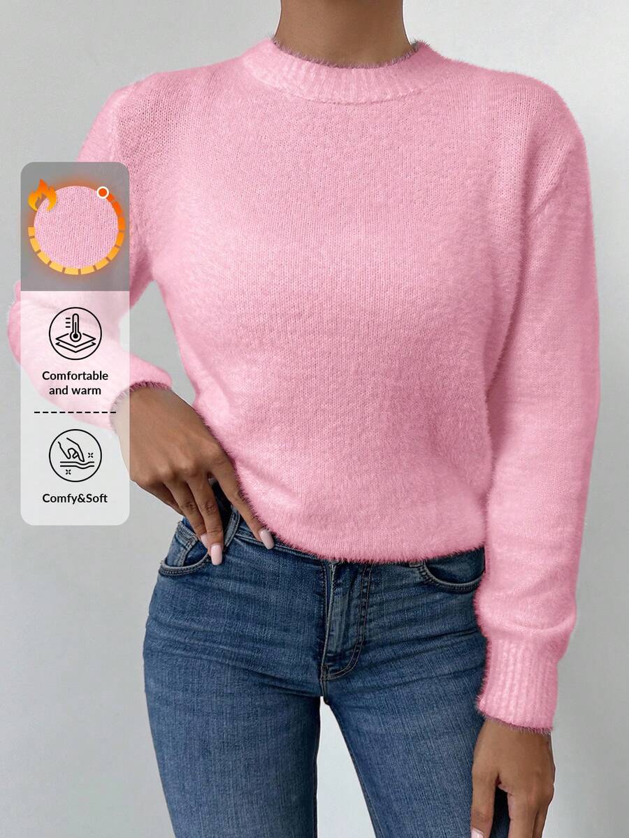 SHEIN Cottnline البلوزة كنزة صوفية طويلة الأكمام كاجوال ذات طوق عالٍ لون أحادي للنساء - وردي فاتح - مشاهدة 1