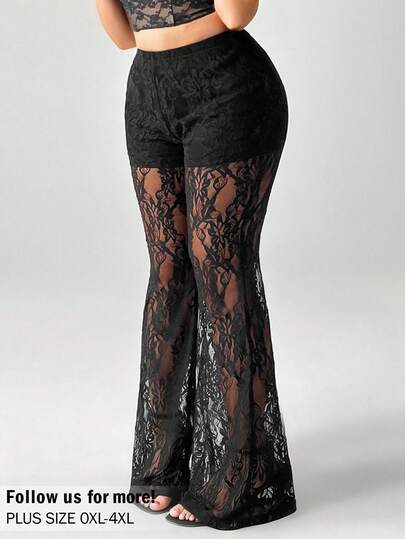 Auralis Plus Size Women's See-Through Contrast Lace Flare Pants, Black Sexy Pants,Summer Concert Rave