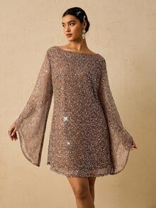 Freevana Váy cổ thuyền tay loe đính sequin thanh lịch cỡ lớn, mùa thu - Rượu sâm banh - Xem 3