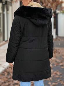 SHEIN Women Plus Size Mid-Length Hooded Coat With Fur Collar, Autumn/Winter - Black - View 2