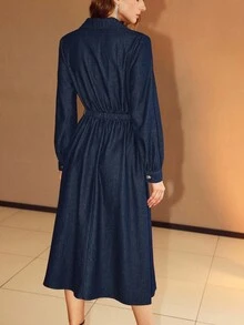 Vintamour 女式长袖金属纽扣设计休闲牛仔衬衫裙蓝色中长裙牛仔中长裙长袖牛仔裙法式连衣裙女式秋季连衣裙冬装女式新年女装派对礼服毕业礼服舞会礼服优雅女士牛仔衬衫裙，金色纽扣和长袖，非常适合休闲外出 - 深色水洗藍 - 查看 3