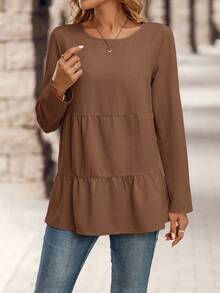 EMERY ROSE 女士纯色圆领长袖荷叶边下摆休闲衬衫，适合日常穿着 - 棕色 - 查看 6