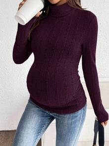 SHEIN Áo thun dài tay cổ cao màu trơn dành cho bà bầu, chất liệu gân, dáng ôm, kiểu dáng thường ngày, thích hợp cho mùa thu. - Màu đỏ tím - Xem 4