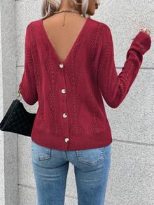 SHEIN LUNE 女式休闲V领镂空设计落肩长袖毛衣，秋冬 - 紅色 - 查看 4