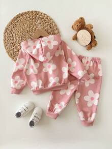 女婴可爱休闲花卉针织连帽衫套装，粉色 - 粉色 - 查看 2