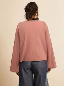 Freevana Plus Size Solid Color Woven Flared Long Sleeve Loose Regular Blouse For Women - Baby Pink - View 2