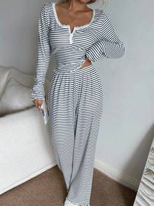 Snug Zone 女士休闲条纹印花蕾丝边方领长袖上衣和裤子睡衣套装，秋冬睡衣连体裤长袖家居服套装两件套家居服套装 - 彩色 - 查看 6