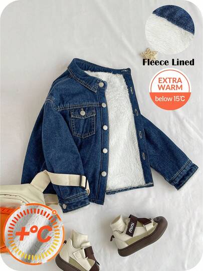 SHEIN Chaqueta de manga larga con cuello de forro polar azul marino para niño