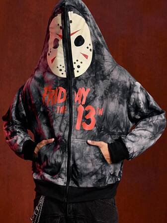 Friday the 13th X ROMWE Sweat-shirt zippé à capuche avec graphique de lettres tie-dye pour hommes, automne