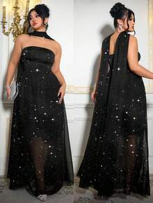 Flirla Plus Size Sequin Ruched Shoulder Dress, Sexy & Slimming, Formal Party Gown