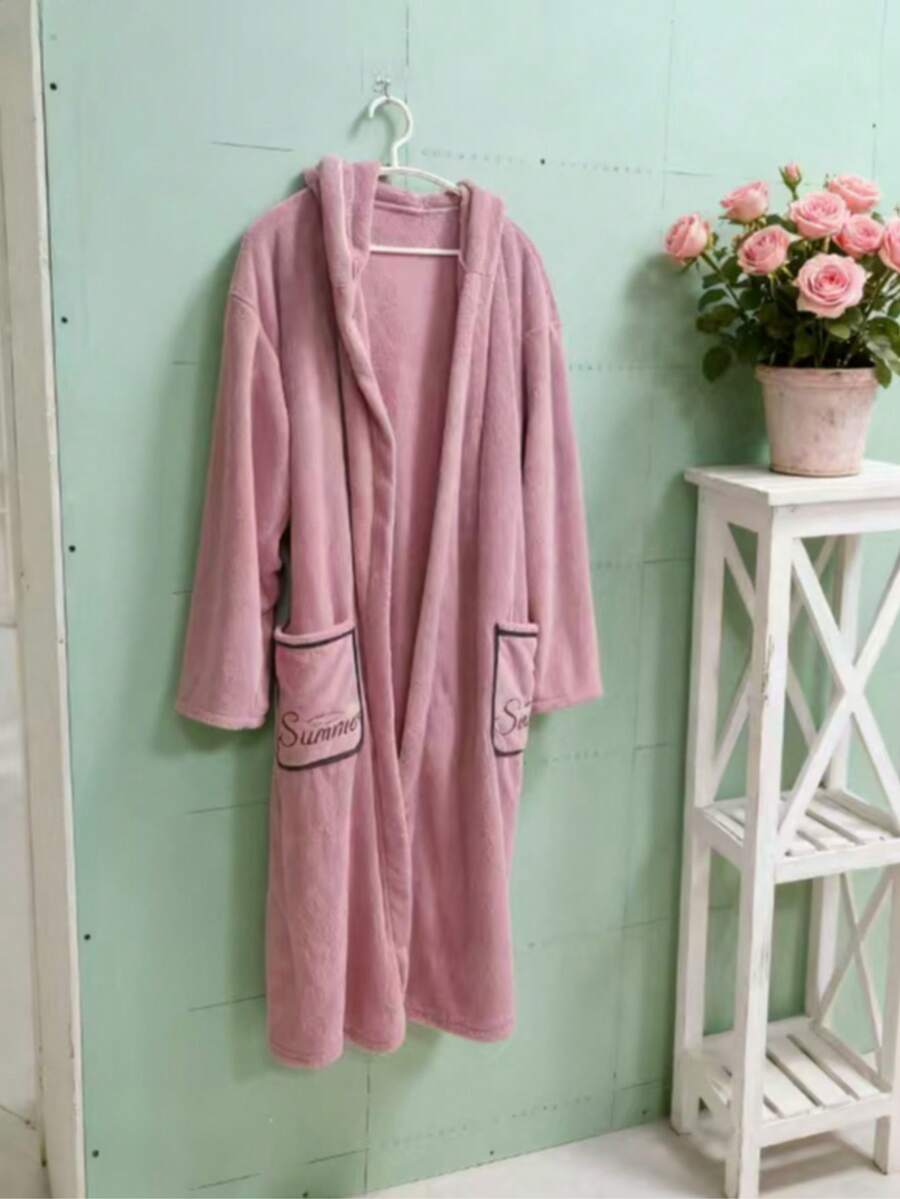 1pc Women Solid Color With Pockets Tie Waist Hooded Long Sleeve Robe Summer Wedding Home Bathroom Decor Beach Wear - Bean paste applique bathrobe - View 1