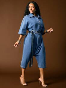 Vixey Mono de mezclilla con botones, caída de entrepierna y mangas cortas