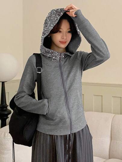 DAZY 优雅女士亮片装饰卫衣外套，时尚街头风，适合商务休闲、圣诞节、新年等场合的连帽衫