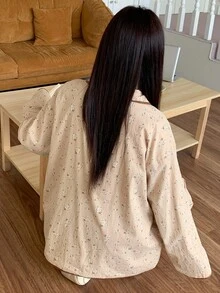 Dazy Plus 2pcs Set Piyama Longgar Kasual Motif Bunga Kecil untuk Wanita Ukuran Plus dengan Atasan Kerah dan Celana, Pakaian Musim Gugur dan Musim Dingin - Kuning - View 2