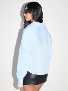 KIZN 浅蓝色纽扣衬衫，宽松办公室衬衫，长袖衬衫，正面系带，经典商务休闲秋冬装，现代夸祖鲁-纳塔尔省标志 - 藍色 - 查看 2