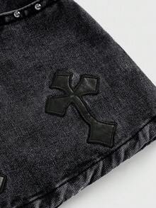 ROMWE Grunge Punk Women's Embroidered Cross Denim Mini Skirt - Dark Grey - View 3