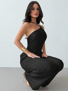 Firerie Elegant Linen Backless Ruched Waist Wide Leg Jumpsuit, Casual, Vacation, Commute Cocktail, Summer Black - Black - View 4
