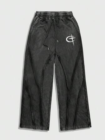 Street Life Pantalon de survêtement décontracté pour hommes avec taille à cordon de serrage et imprimé croix lavé