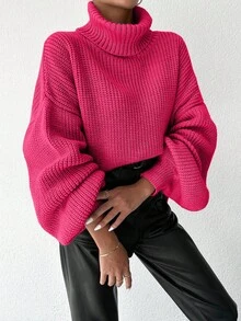 EURMUSE Women Casual Solid Color High Neck Drop Shoulder Loose Knit Sweater, Autumn/Winter - Hot Pink - View 3