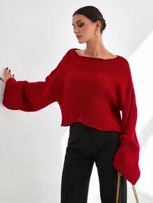 EURMUSE Woman Solid Color Boat Neck Rib Knit Long Sleeve Sweater,Jumper,Cream Jumper,Jumpers For Women,Jumpers,Black Jumper,Womens Jumper,White Jumper,Women's Jumper,Women's Jumpers,Winter Clothes - Red - View 4