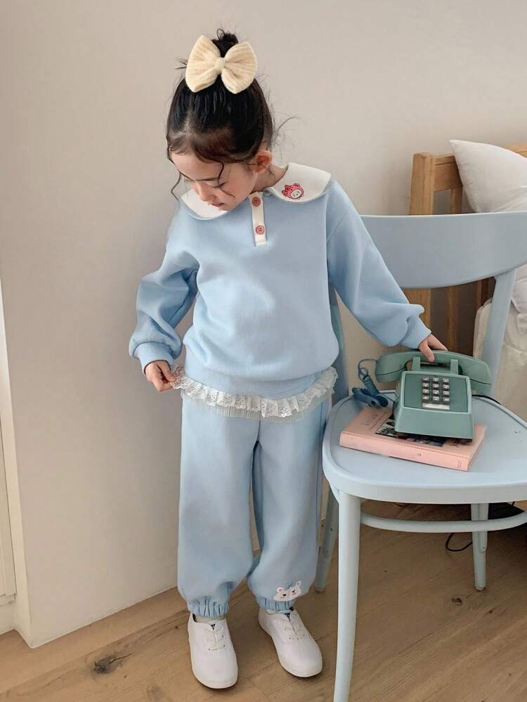 2pcs Young Girls Doll Face Knitted Thermal Lined Sweatshirt And Pants Set, Fall, Winter