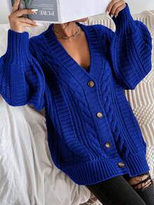 EURMUSE Casual Solid Color Drop Shoulder Loose Cardigan, Autumn/Winter - Royal Blue - View 6