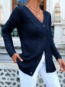 EURMUSE Áo len cardigan dài tay cổ chữ V trễ vai màu trơn cho nữ, mùa thu đông - Màu xanh hải quân - Xem 3