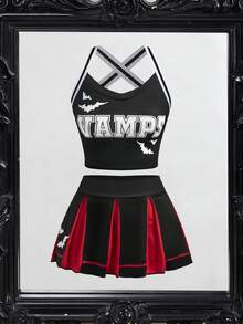 2件套女士字母印花吊带背心和迷你裙内衣套装 - 黑色 - 查看 6