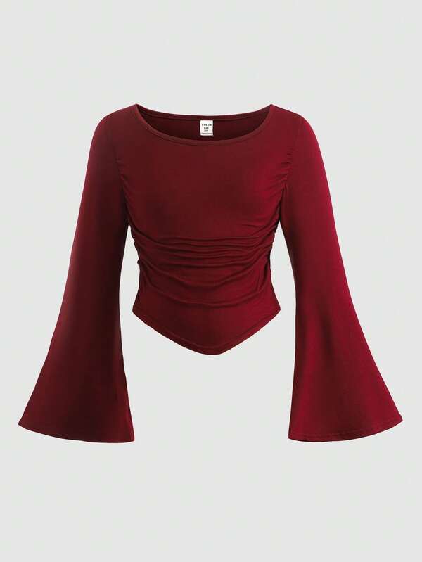 SHEIN Camiseta casual de cuello redondo y plisada de unicolor para niña preadolescente