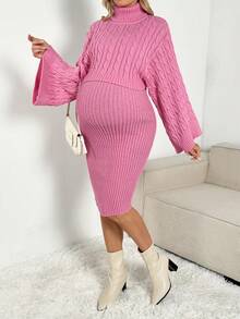 SHEIN Pregnant Women Solid Color Cable Turtleneck Long Sleeve Top And Skirt Elegant Sweater Set - Pink - View 1