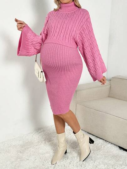 SHEIN Pregnant Women Solid Color Cable Turtleneck Long Sleeve Top And Skirt Elegant Sweater Set