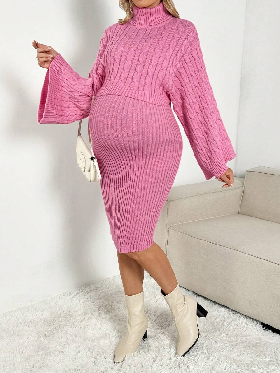 SHEIN Pregnant Women Solid Color Cable Turtleneck Long Sleeve Top And Skirt Elegant Sweater Set - Pink - View 1