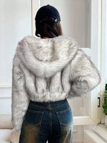 SHEIN EZwear Áo khoác lông giả ngắn có mũ trùm đầu màu trắng thời trang dành cho nữ, Thu/Đông - trắng - Xem 2