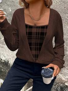 EMERY ROSE Sudadera de manga larga de punto negro con estampado de cuadros y parches, de punto suave, para invierno y otoño, talla grande