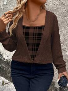 EMERY ROSE Sudadera de manga larga de punto negro con estampado de cuadros y parches, de punto suave, para invierno y otoño, talla grande