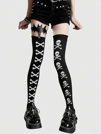 Goth 1 Pair Of Dark Goth Punk Skull Print Knee Socks Y2k Hottie Sweet Cool Girl Stockings