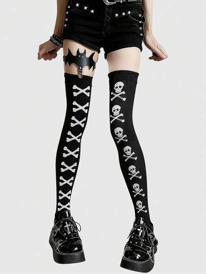 Goth 1 Pair Of Dark Goth Punk Skull Print Knee Socks Y2k Hottie Sweet Cool Girl Stockings