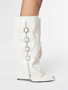 ROMWE Grunge Punk Botas altas hasta el muslo con tacón grueso y punta puntiaguda para mujeres, modelo 2025 con hebilla y suela antideslizante, versátiles botas de montar - Blanco - Ver 4