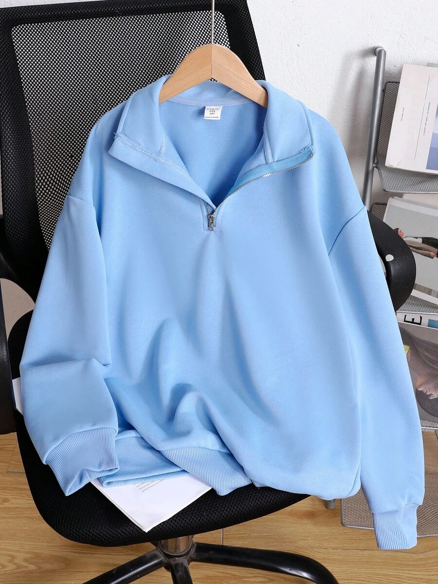 SHEIN 少女休闲基本款半拉链高领长袖卫衣 - 淺藍色 - 查看 1