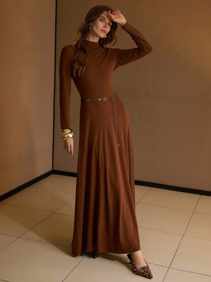 MOTF PREMIUM VESTIDO DE MANGA LONGA COM DECOTE SIMPLES - Castanho - Ver 1