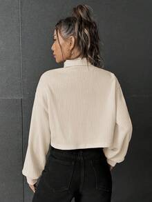 SHEIN EZwear SpringTurtleneck Drop Shoulder Ribbed Knit Lantern Sleeve Crop Tee Turtle Neck Top Ribbed Top High Neck Tops Winter Tops Crop Sweater Rib Knit Top Ribbed Knit Top - Beige - View 2