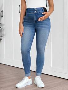SHEIN Jeans de maternité décontracté slim fit lavés - Bleu azur - Voir 5